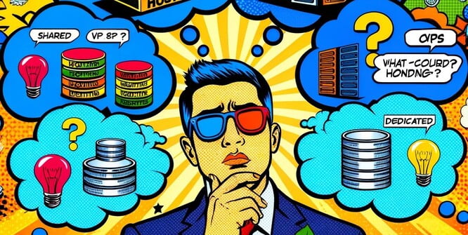 vibrant and dynamic, capturing the essence of the decision-making process in web hosting selection with bold colours and comic book-style elements