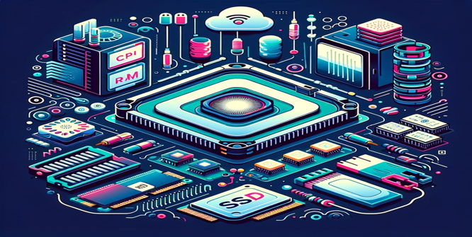 Infographic for a blog post detailing essential VPS performance resources, featuring icons for CPU, RAM, SSD, and network connection, all within a modern, tech-inspired design