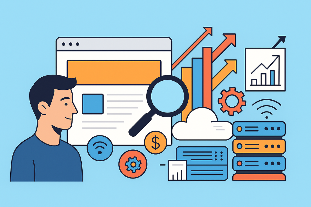 Illustration of UK Magento hosting services with cloud servers and analytics